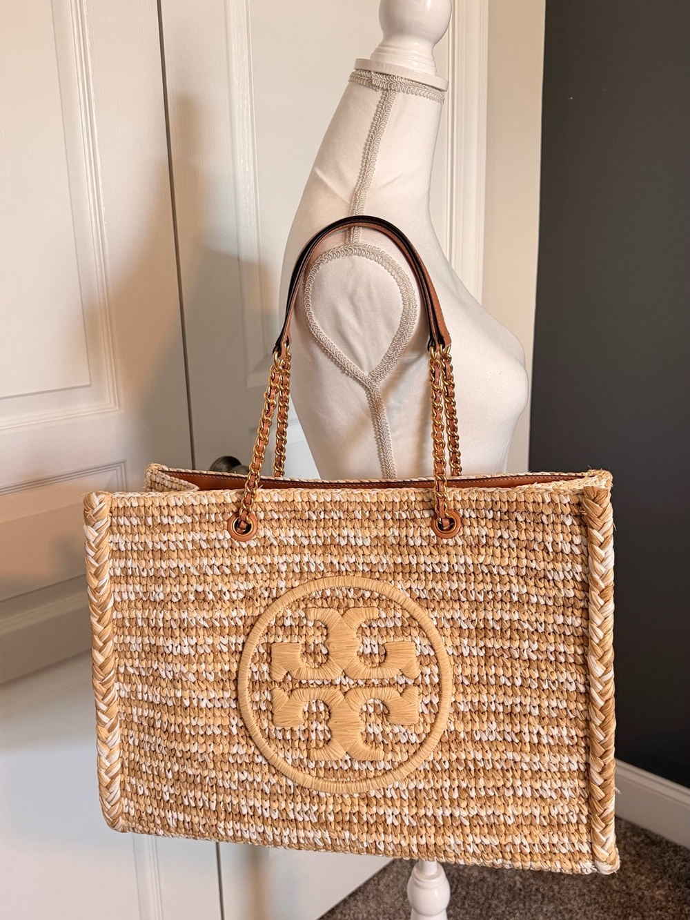 NWOT - Tory Burch Ella Raffia Tote - Cream & White - Picture 9 of 12